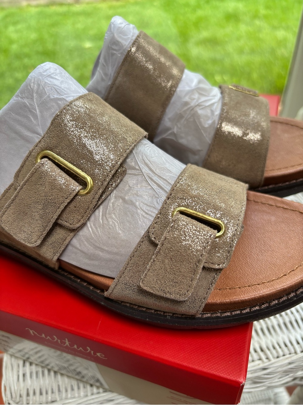 NWT Nurture TONIE Sandals in Olive and Steel Sparkle. Comfort and Glamour Shoes.